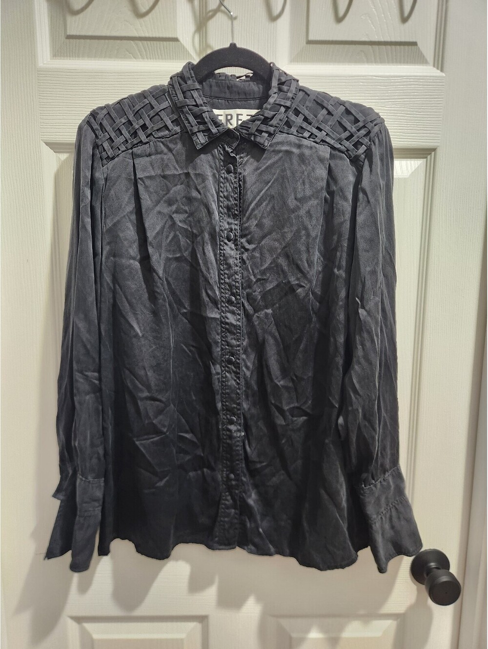 Black Silk Button-Up Blouse with Woven Shoulder Detail Size 12